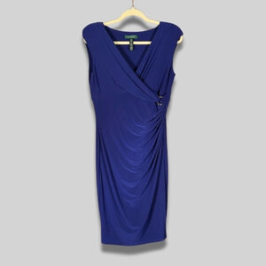 Lauren Ralph Surplice Dress Sleeveless Side Ruching Ring Deep Blue Women's 12P